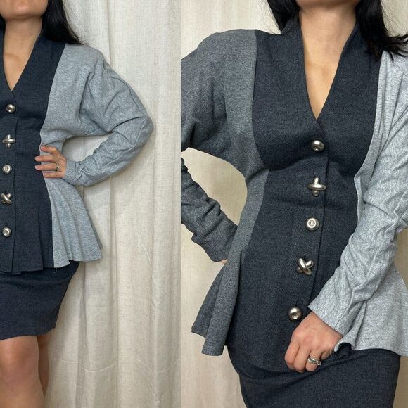 vtg 80s All that Jazz grey knit skirt suit posh statement 2 piece set Medium - Picture 2 of 12